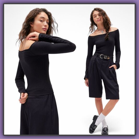 BDG Stella Boatneck Waffle knit Long Sleeve Tee Black - Picture 2 of 16